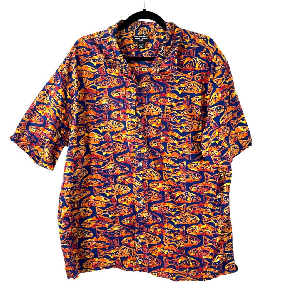 Polo Jeans Co. Ralph Lauren Vintage Fish Print Short Sleeve Button Shirt Large